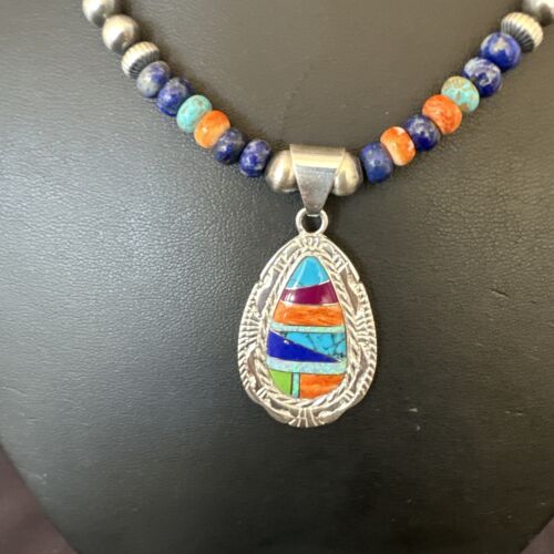 Navajo Spiny Oyster Turquoise Lapis Inlay Pendant Necklace | Sterling Silver | 21" | Authentic Native American Handmade | 16629
