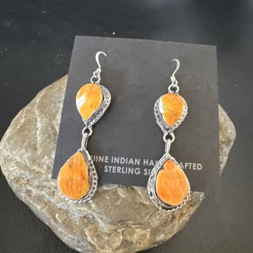 Navajo Orange Spiny Oyster Dangle Earrings | Sterling Silver | 1.5" | Authentic Native American Handmade | 16562