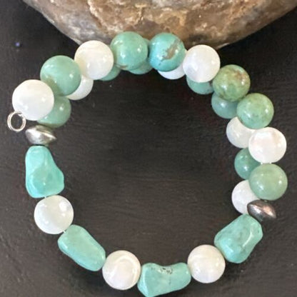 Turquoise Memory Wire Bracelet | Stainless Steel | Mother of Pearl Beads | 7" | 17629
