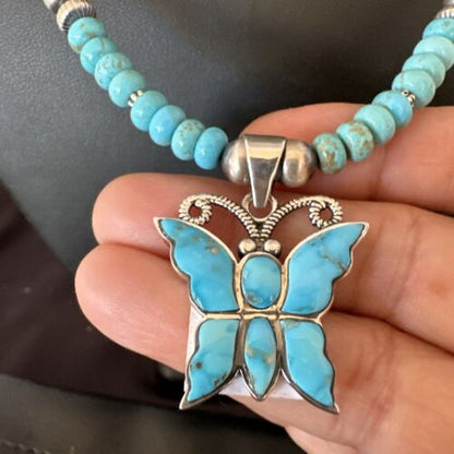 Navajo Butterfly Blue Ridge Turquoise Inlay Pendant Necklace | Sterling Silver | Authentic Native American Handmade | 16642