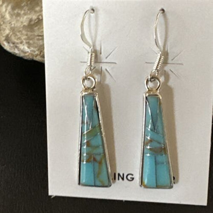 Navajo Blue Turquoise Inlay Earrings | Sterling Silver | 1" | Authentic Native American Handmade | 15699