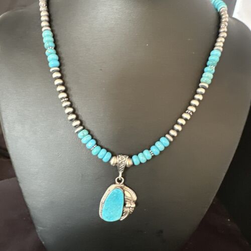 Navajo Blue Turquoise Pendant with Pearls | Sterling Silver Necklace | Authentic Native American Handmade | 15418