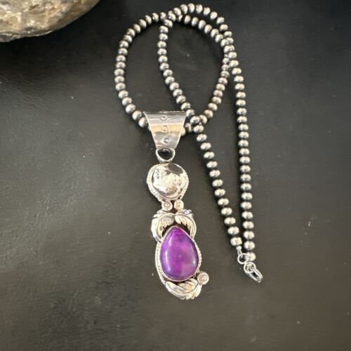 White Buffalo Turquoise & Sugilite Pendant | Navajo Pearls | Sterling Silver | Native American Handmade | 16871