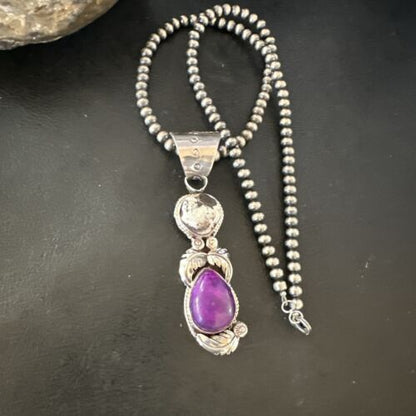White Buffalo Turquoise & Sugilite Pendant | Navajo Pearls | Sterling Silver | Native American Handmade | 16871