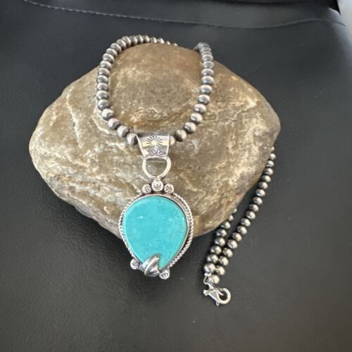 Women's Blue Turquoise Pendant Necklace | Navajo Pearls | Sterling Silver | Authentic Native American Handmade | 15658