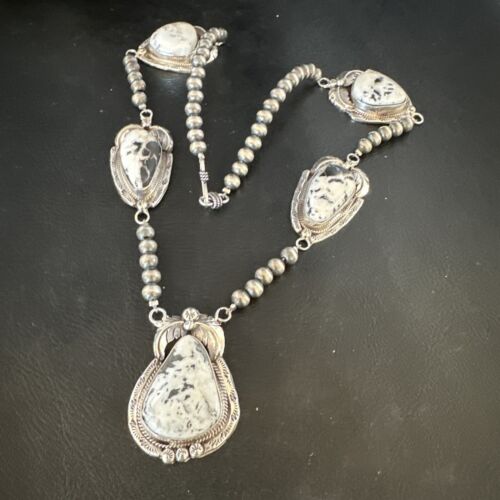 Navajo White Buffalo Turquoise Pendant Necklace | Sterling Silver | Authentic Native American Handmade | 15249