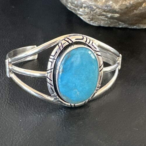 Navajo Blue Kingman Turquoise Cuff Bracelet | Sterling Silver | Authentic Native American Handmade | 16247