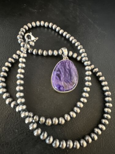 Navajo Pearls Purple Charoite Pendant Necklace | Sterling Silver Beads | Authentic Native American Handmade | 15517