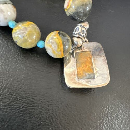 Bumblebee Jasper Pendant | Turquoise Bead | Navajo Sterling Silver Necklace 21" | 15910