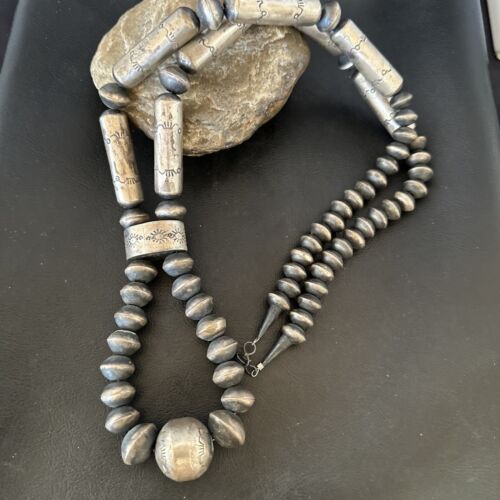 Navajo Stamped Bench Bead Necklace | Sterling Silver | 30" | Authentic Native American Handmade | 16727