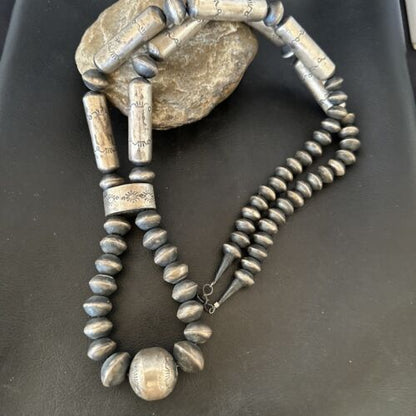 Navajo Stamped Bench Bead Necklace | Sterling Silver | 30" | Authentic Native American Handmade | 16727