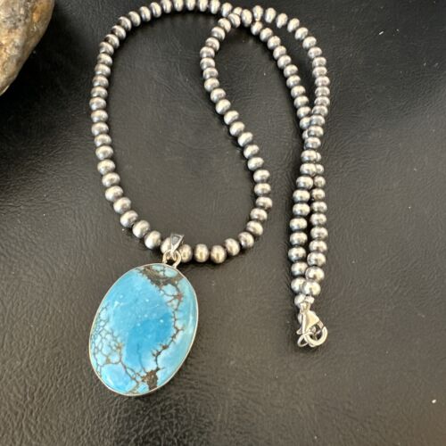 Men's Navajo Blue Spiderweb Turquoise Pendant Necklace | Sterling Silver | Authentic Native American Handmade | 16300