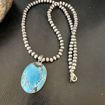 Men's Navajo Blue Spiderweb Turquoise Pendant Necklace | Sterling Silver | Authentic Native American Handmade | 16300