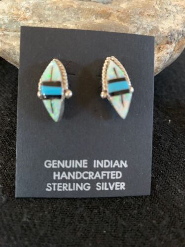 Navajo Turquoise White Opal Onyx Inlay Earrings | Sterling Silver | Authentic Native American Handmade | 13050
