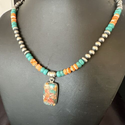 Navajo Spiny Turquoise Pendant Necklace | Sterling Silver | 21" | Authentic Native American Handmade | 17513