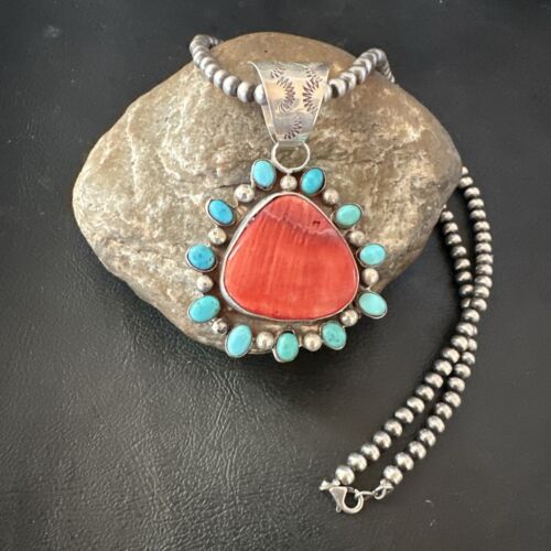 Navajo Blue Kingman Turquoise & Red Spiny Oyster Pendant | Sterling Silver | 17227