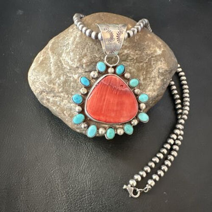 Navajo Blue Kingman Turquoise & Red Spiny Oyster Pendant | Sterling Silver | 17227
