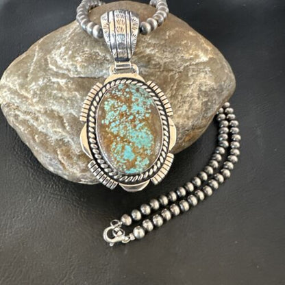 Navajo Blue Turquoise #8 Pendant | Sterling Silver Pearls Necklace | Authentic Native American Handmade | 16348