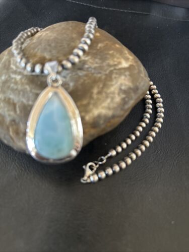Navajo Blue Larimar Pendant Necklace | Sterling Silver Beads | Authentic Native American Handmade | 17566