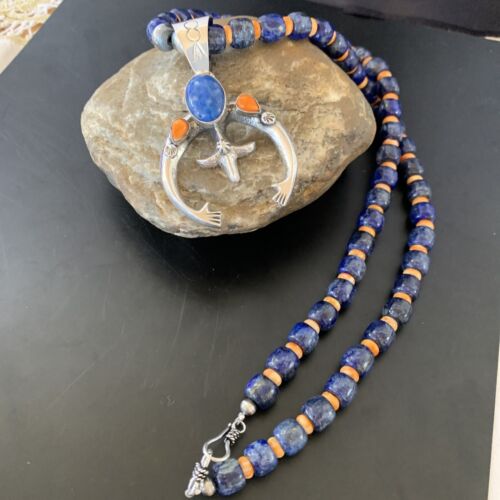 Navajo Blue Lapis Spiny Oyster Naja Pendant | Sterling Silver | Authentic Native American Handmade | 11493