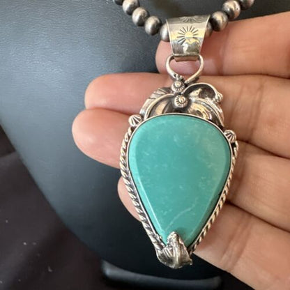 Navajo Blue Turquoise Pendant Necklace | Sterling Silver Pearls | Authentic Native American Handmade | 15648