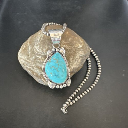 Navajo Men's Blue Kingman Turquoise Pendant Necklace | Sterling Silver | Authentic Native American Handmade | 17477