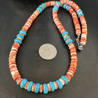 Women's Turquoise Spiny Oyster Necklace | Navajo Pearl Sterling Silver | Authentic Native American Handmade | 22" | 15057