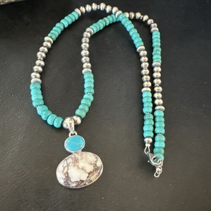 Navajo Wild Horse | Blue Kingman Turquoise Pendant Necklace | Sterling Silver | Native American Handmade | 17572