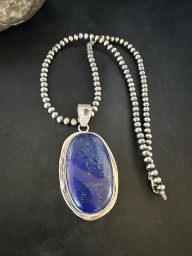 Men's Denim Lapis Lazuli Pendant Necklace | Navajo Beads | Sterling Silver | Authentic Native American Handmade | 15199