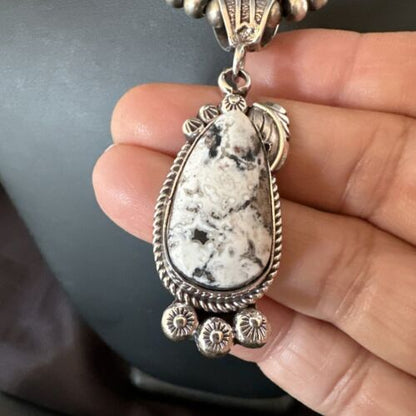 Navajo White Buffalo Turquoise Pendant Necklace | Sterling Silver | Authentic Native American Handmade | 17514