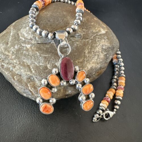 Navajo Pearls Orange Spiny Oyster Naja Pendant | Sterling Silver Necklace | Authentic Native American Handmade | 16802