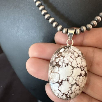 Wild Horse Turquoise Pendant Necklace | Navajo Pearls | Sterling Silver | Authentic Native American Handmade | 15720
