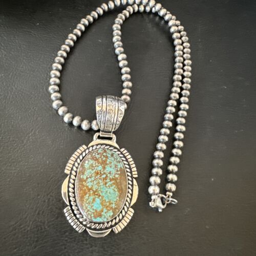 Navajo Blue Turquoise #8 Pendant | Sterling Silver Pearls Necklace | Authentic Native American Handmade | 16348