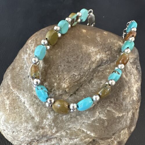 Women's Blue Turquoise Bead Bracelet | Southwestern Sterling Silver Link | 8" | 17232