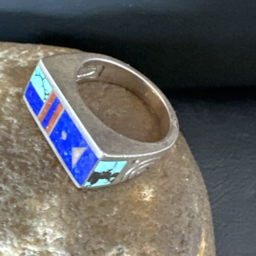 Men's Navajo Inlay Ring | Sterling Silver Lapis Blue Spiderweb Turquoise | Sz 8 | 15915