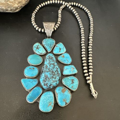 Navajo Blue Kingman Turquoise Cluster Pendant Necklace | Sterling Silver | Authentic Native American Handmade | 16795
