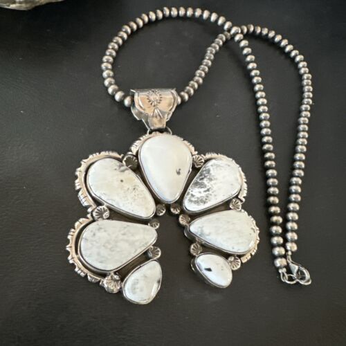 Navajo White Buffalo Turquoise Necklace Naja Pendant | Sterling Silver | Authentic Native American Handmade | 16805