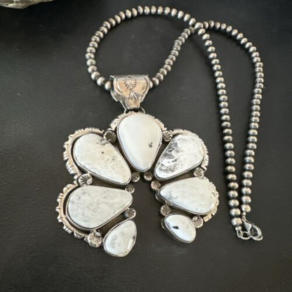 Navajo White Buffalo Turquoise Necklace Naja Pendant | Sterling Silver | Authentic Native American Handmade | 16805