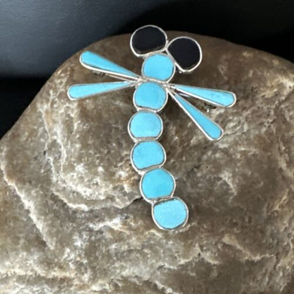 Navajo Blue Kingman Turquoise Dragonfly Inlay Pin Pendant | Sterling Silver | Authentic Native American Handmade | 15169