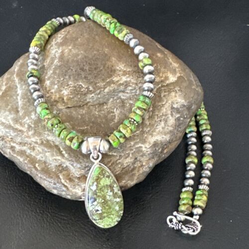 Navajo Green Turquoise Pendant Necklace | Sterling Silver Pearls | Authentic Native American Handmade | 16234