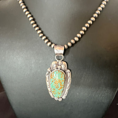 Navajo Blue Turquoise #8 Pendant | Sterling Silver Necklace with Pearls | Authentic Native American Handmade | 15904