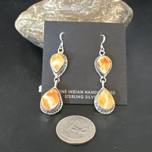 Navajo Orange Spiny Oyster Dangle Earrings | Sterling Silver | 1.5" | Authentic Native American Handmade | 16572