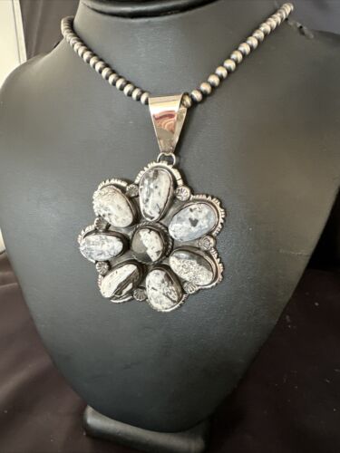 XL Cluster Navajo White Buffalo Turquoise Sterling Necklace Pendant | Multi-Stone | 14897