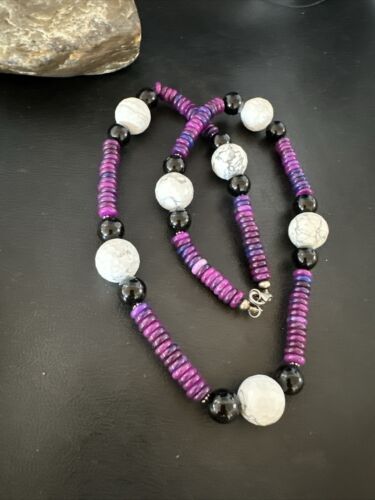 Navajo Purple Sugilite Onyx Howlite Bead Necklace | Sterling Silver | 25" | Authentic Native American Handmade | 16948