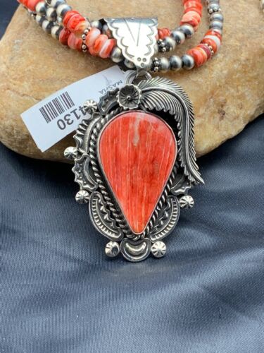 Navajo Spiny Oyster Feather Pendant | 3-Strand Sterling Silver Necklace with Pearls | Native American Handmade | 04130