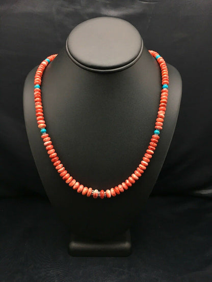 Authentic Native American Navajo Graduated Red Spiny Oyster Necklace | Sterling Silver | 22" | 4096