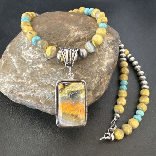 Men's BumbleBee Jasper Pendant Necklace | Navajo Pearls | Sterling Silver | Authentic Native American Handmade | 16874