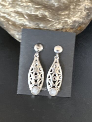 Navajo Pink Mother of Pearl Dangle Inlay Earrings | Sterling Silver | Authentic Native American Handmade | 15301