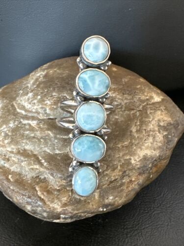 Navajo Blue Larimar Multi-Stone Cluster Ring | Authentic Native American Sterling Silver | Sz 7.5 | 15942