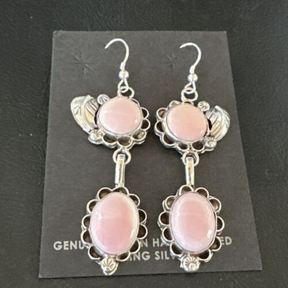 Navajo Pink Conch Shell Dangle Earrings | Sterling Silver | Authentic Native American Handmade | 17214
